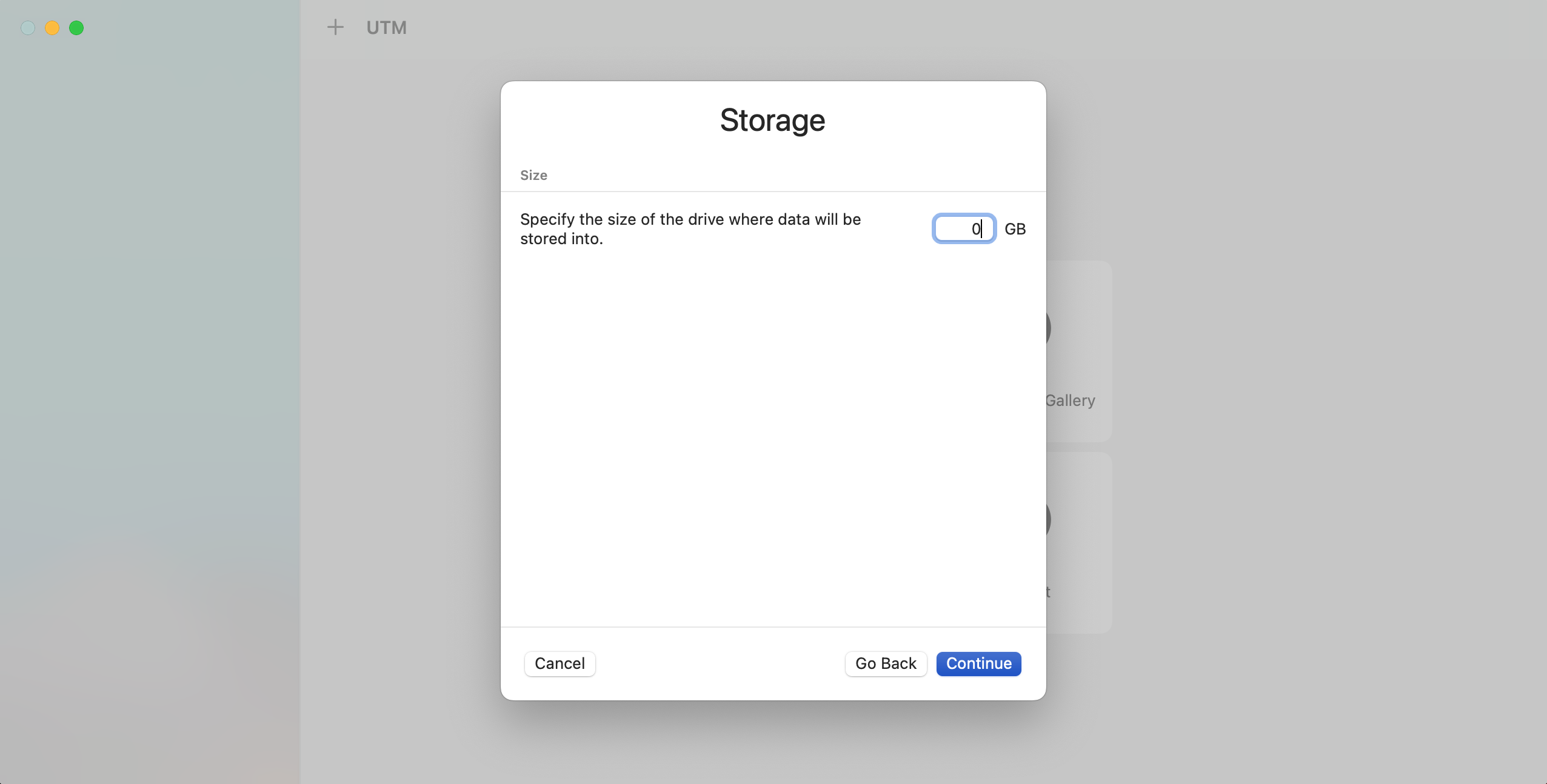 UTM change storage to 0gb